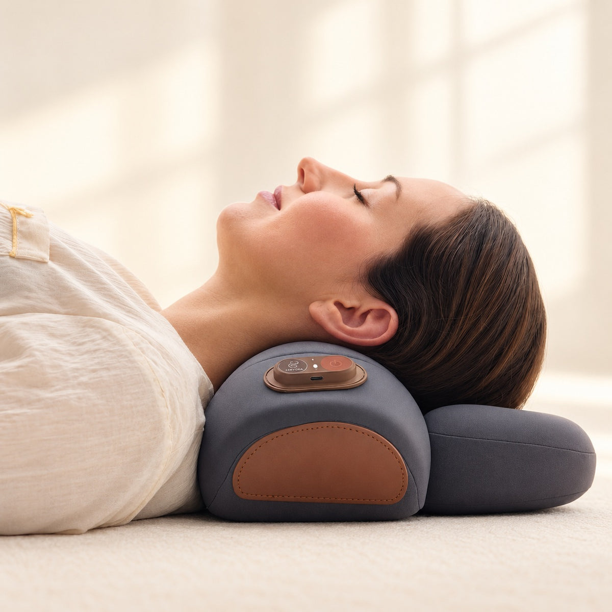 Side profile demonstrating the Cervora bolster beneath the neck and platform beneath the head