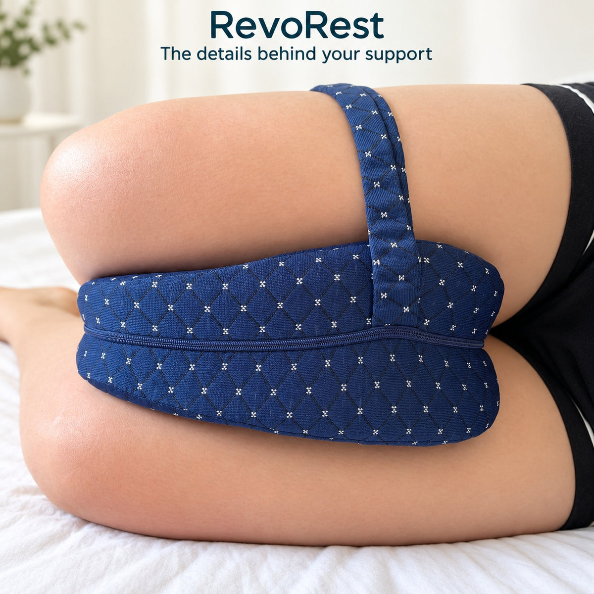 Close-up of the quilted navy cover and leg strap