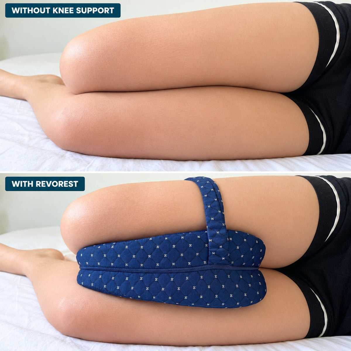 Two resting positions, without a cushion above and with the navy RevoRest pillow below